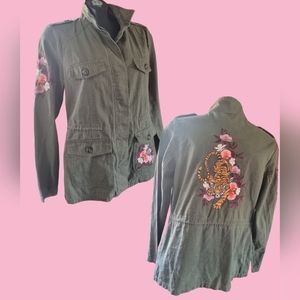 Liquid X Embroidered Floral & Tiger Khaki Green Utility Jacket